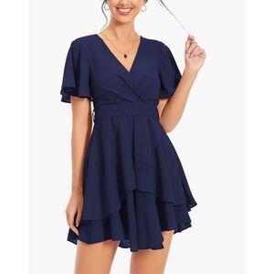 NEW Blue Dress Deep V-Neck Ruffle Mini Swing Skater S NO BELT